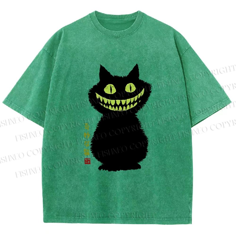 Unisex Spooky Black Cat With Green Teeth Printed Washed Tee