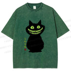Unisex Spooky Black Cat With Green Teeth Printed Washed Tee