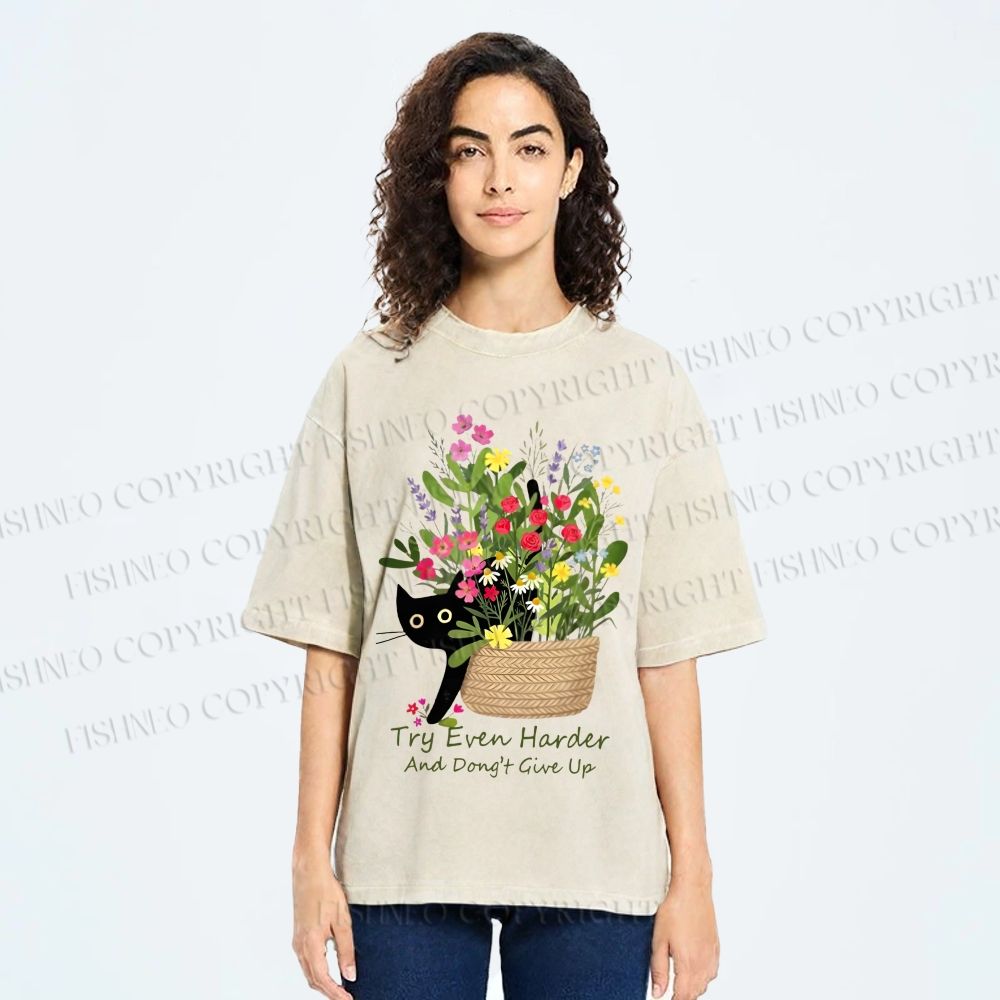 Unisex Bloom&Persevere Black Cat Printed Washed Tee