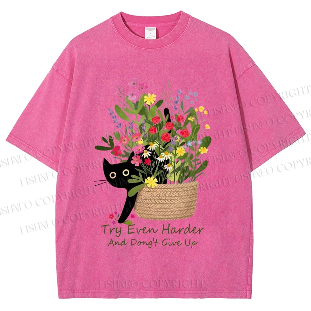 Unisex Bloom&Persevere Black Cat Printed Washed Tee