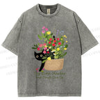 Unisex Bloom&Persevere Black Cat Printed Washed Tee