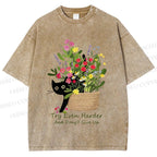 Unisex Bloom&Persevere Black Cat Printed Washed Tee