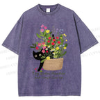 Unisex Bloom&Persevere Black Cat Printed Washed Tee