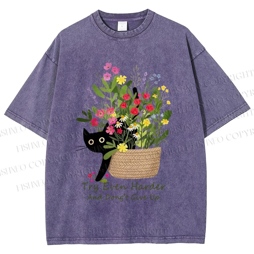 Unisex Bloom&Persevere Black Cat Printed Washed Tee