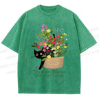 Unisex Bloom&Persevere Black Cat Printed Washed Tee