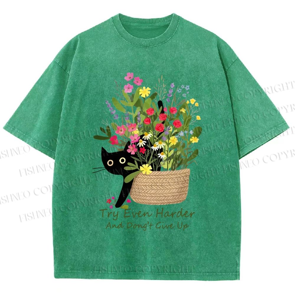 Unisex Bloom&Persevere Black Cat Printed Washed Tee