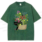 Unisex Bloom&Persevere Black Cat Printed Washed Tee