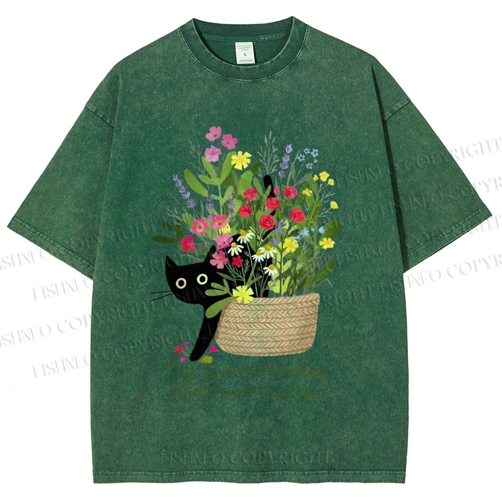 Unisex Bloom&Persevere Black Cat Printed Washed Tee