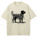 Unisex Scribble Dog Art Funny Printed Washed Tee