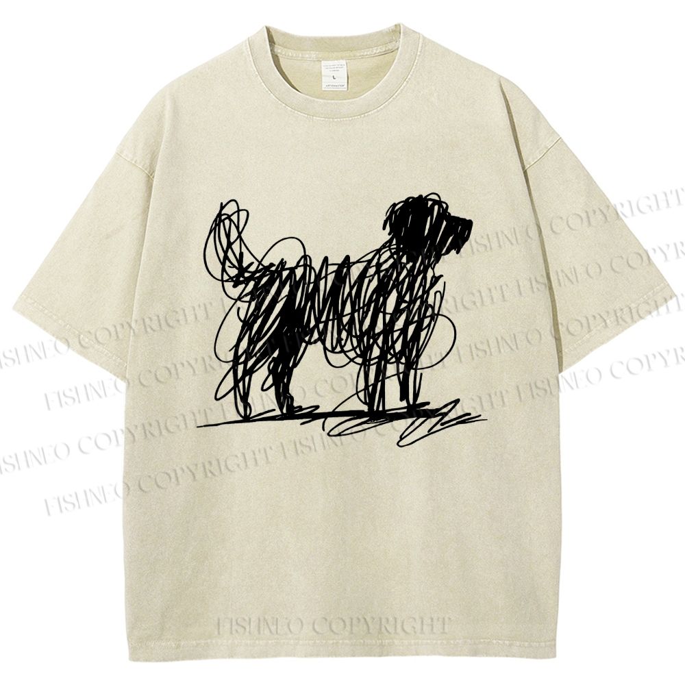 Unisex Scribble Dog Art Funny Printed Washed Tee