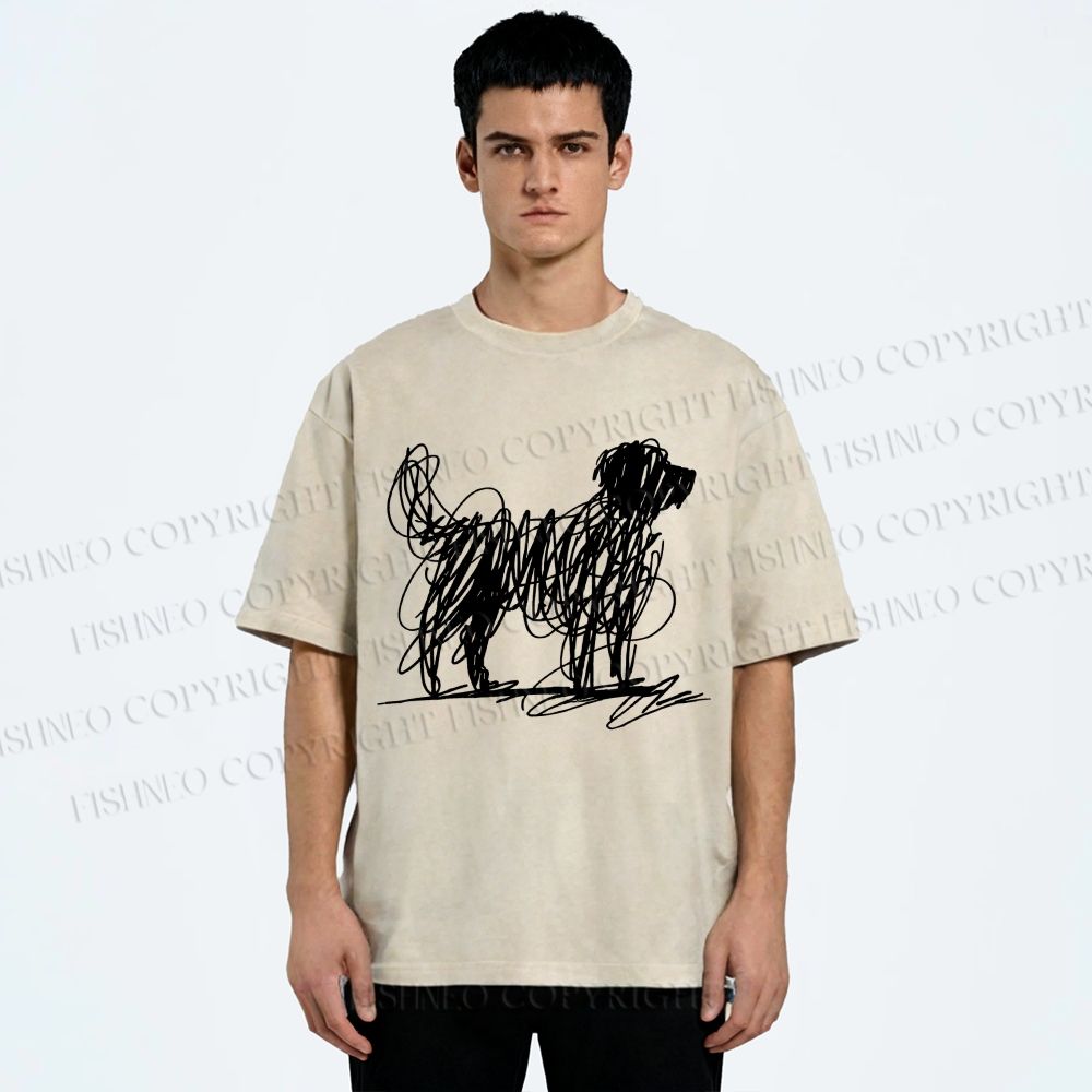 Unisex Scribble Dog Art Funny Printed Washed Tee