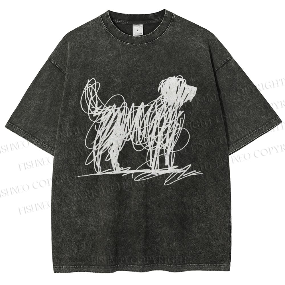 Unisex Scribble Dog Art Funny Printed Washed Tee