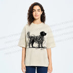Unisex Scribble Dog Art Funny Printed Washed Tee