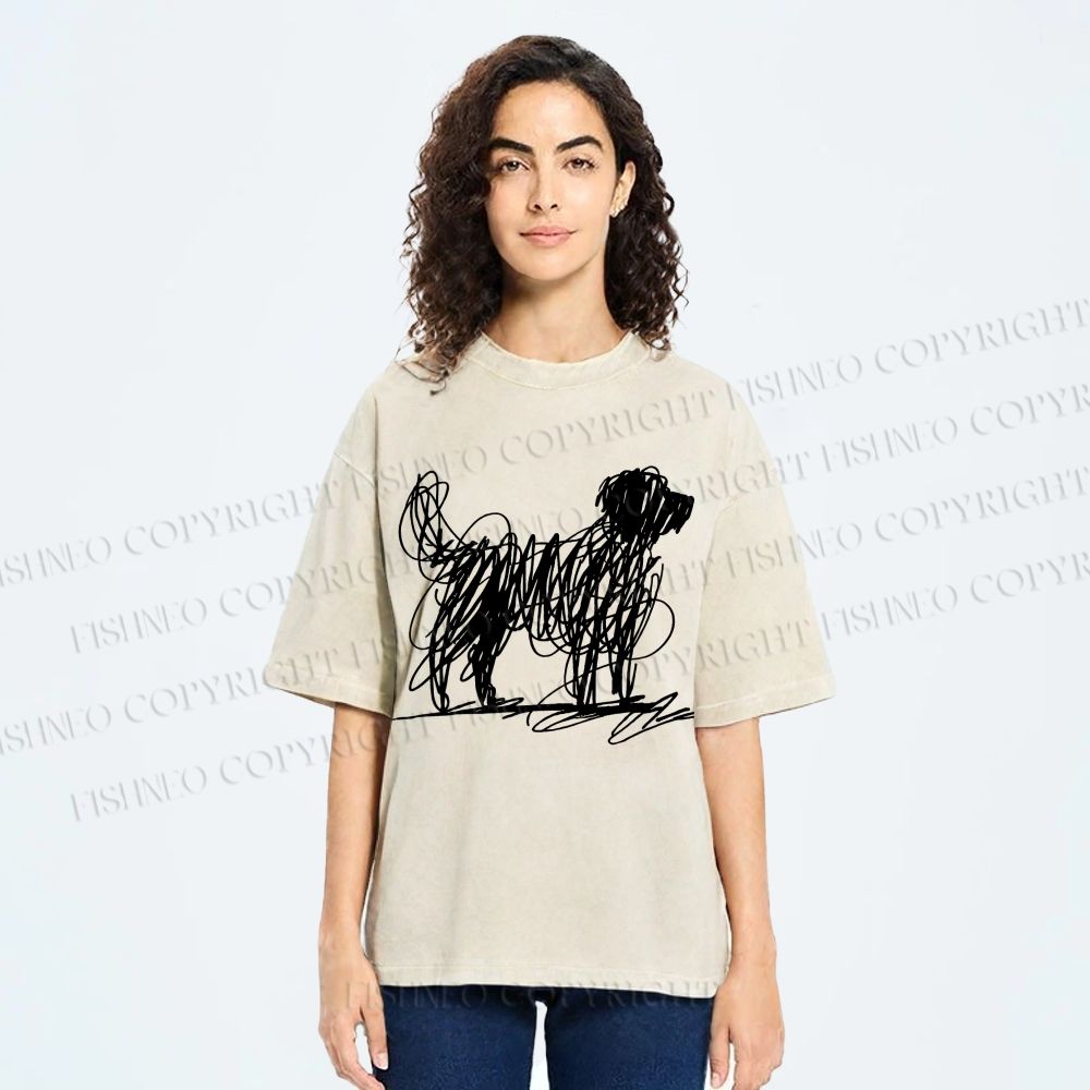 Unisex Scribble Dog Art Funny Printed Washed Tee