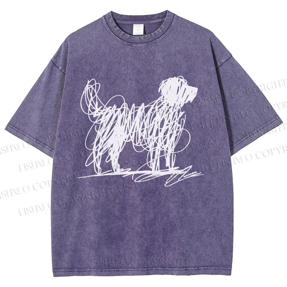 Unisex Scribble Dog Art Funny Printed Washed Tee