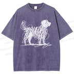 Unisex Scribble Dog Art Funny Printed Washed Tee