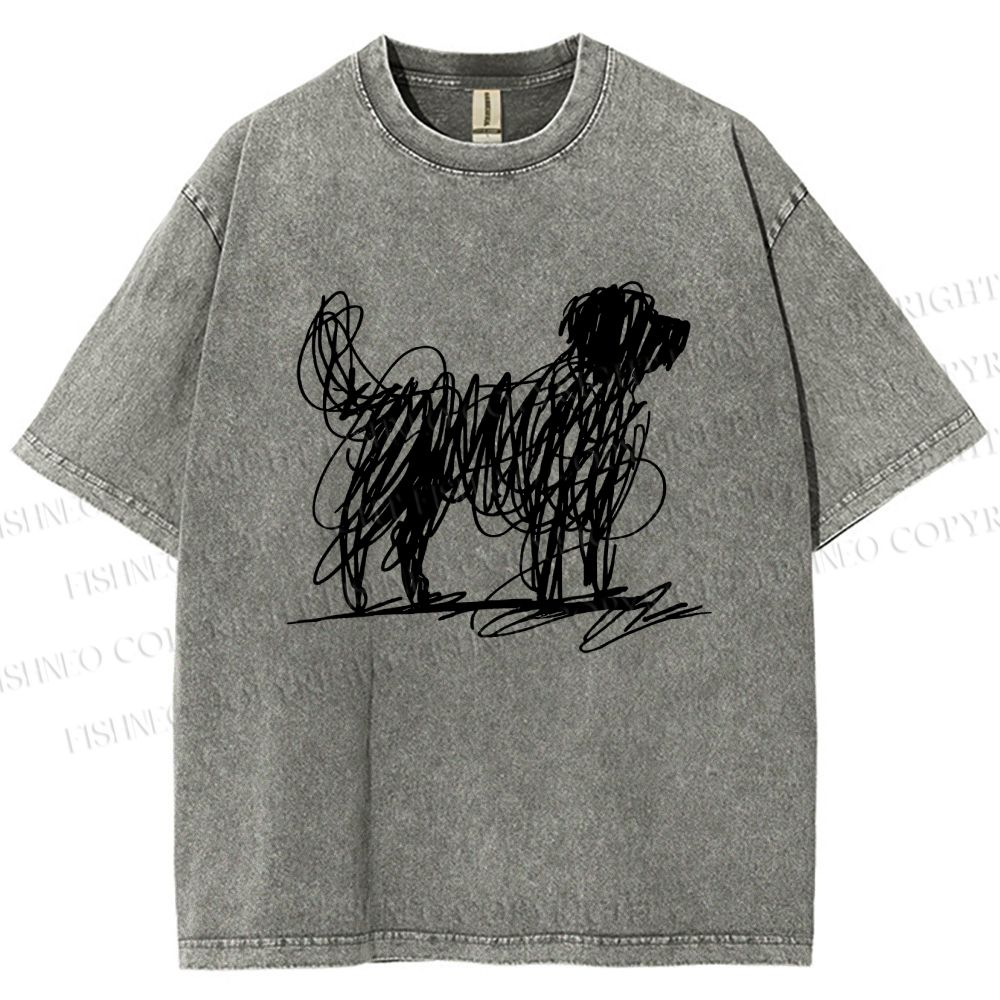 Unisex Scribble Dog Art Funny Printed Washed Tee