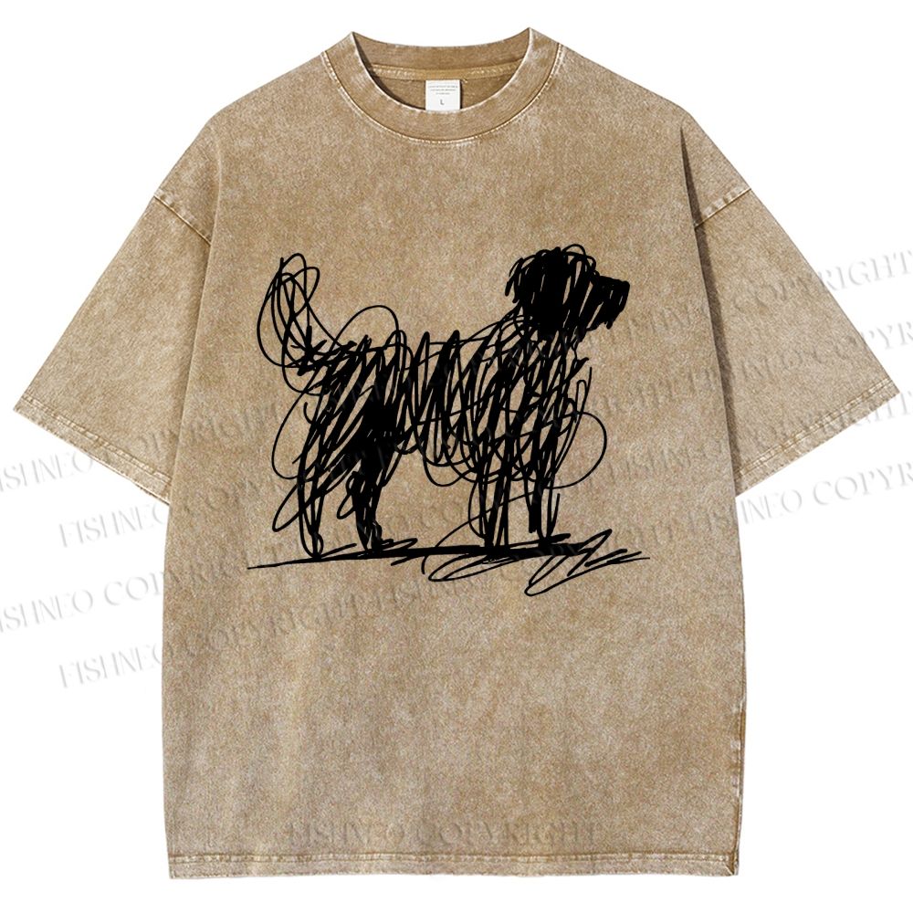 Unisex Scribble Dog Art Funny Printed Washed Tee