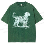 Unisex Scribble Dog Art Funny Printed Washed Tee