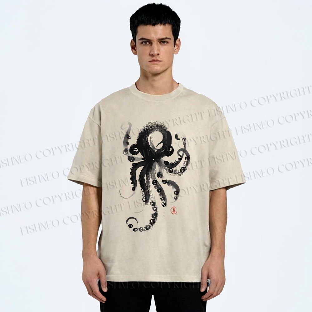 Unisex Ink Octopus Printed Washed Tee