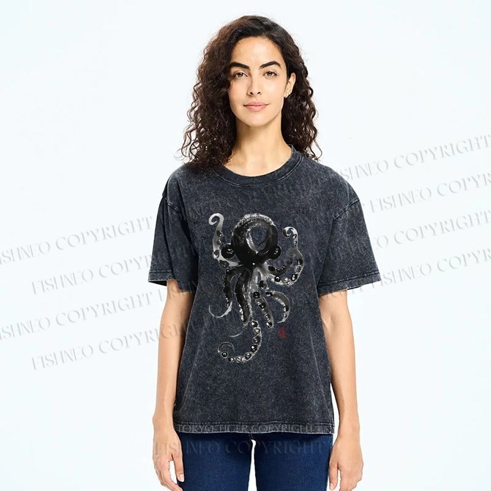 Unisex Ink Octopus Printed Washed Tee