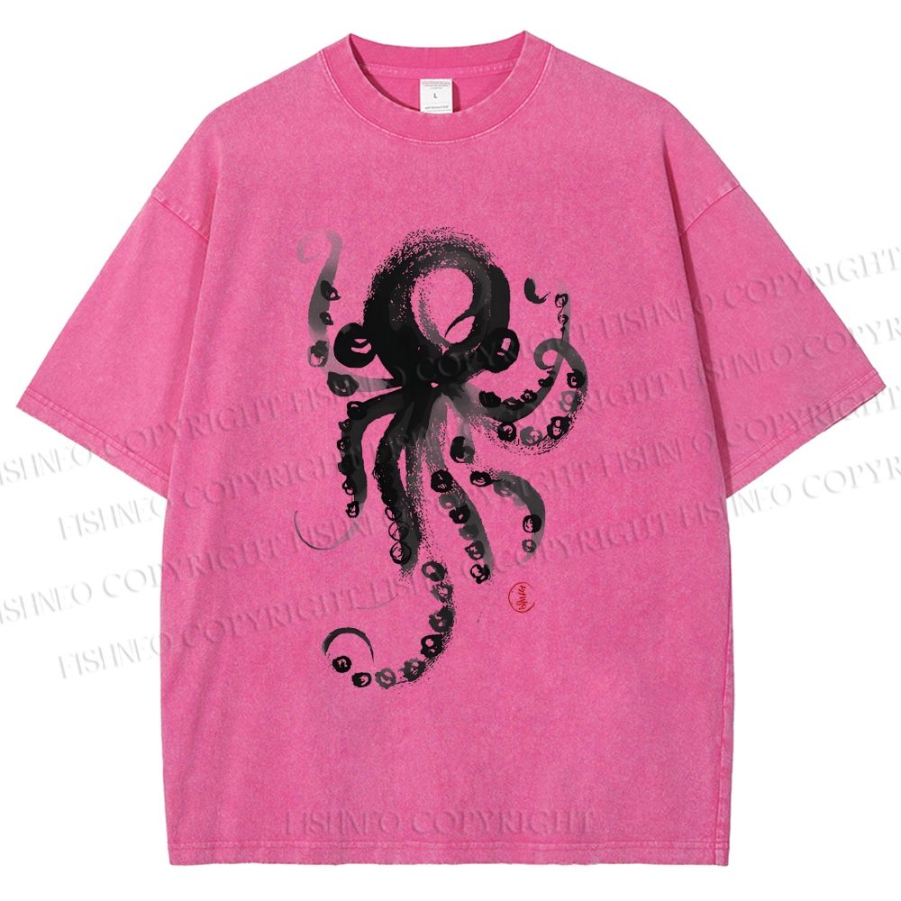 Unisex Ink Octopus Printed Washed Tee