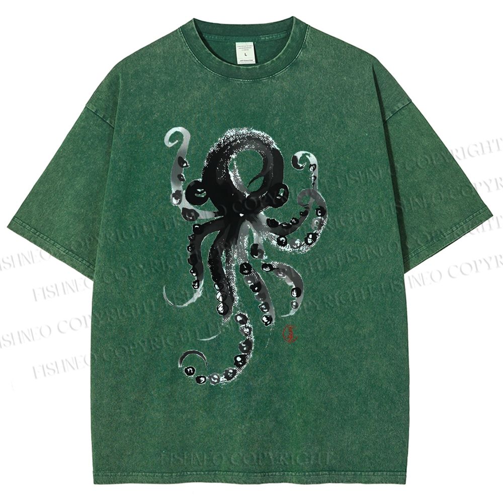 Unisex Ink Octopus Printed Washed Tee