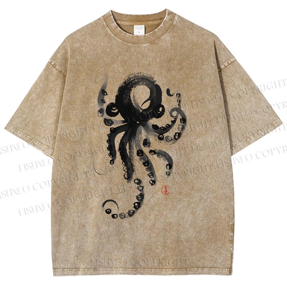 Unisex Ink Octopus Printed Washed Tee