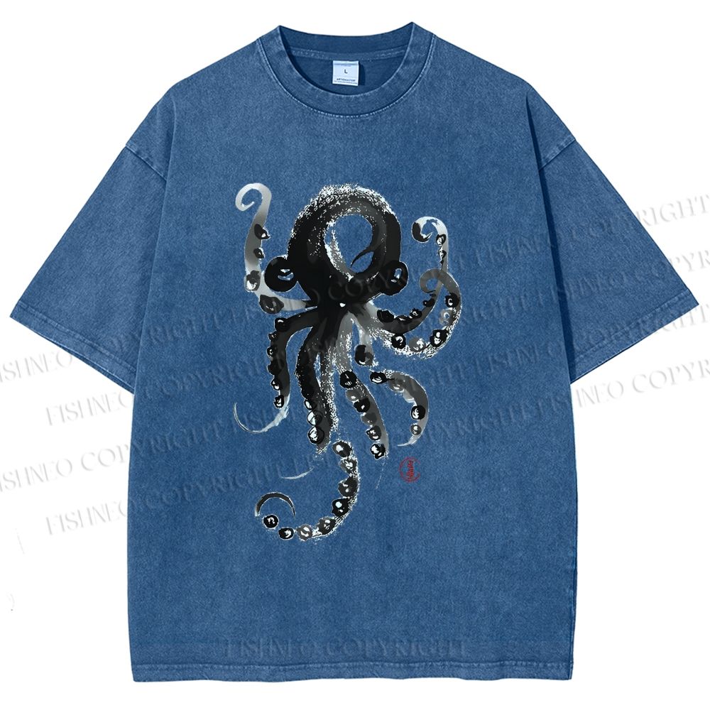 Unisex Ink Octopus Printed Washed Tee