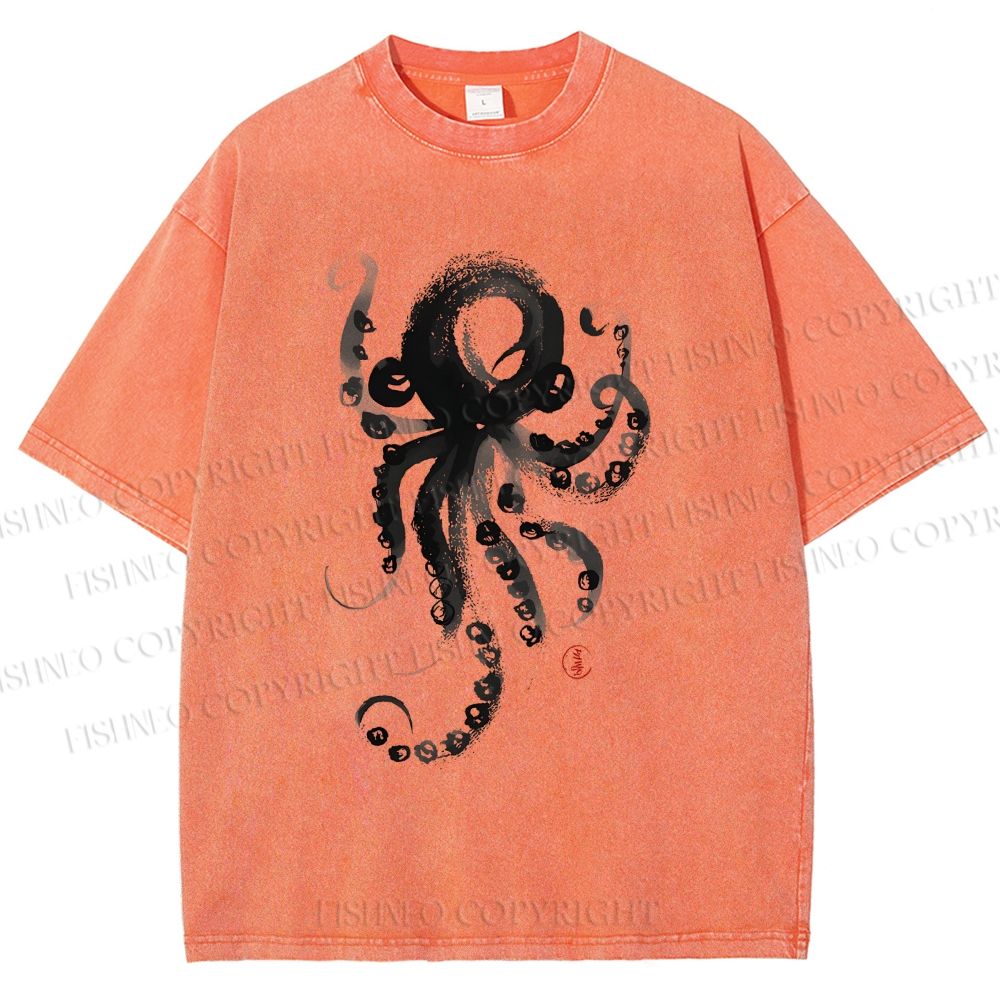 Unisex Ink Octopus Printed Washed Tee