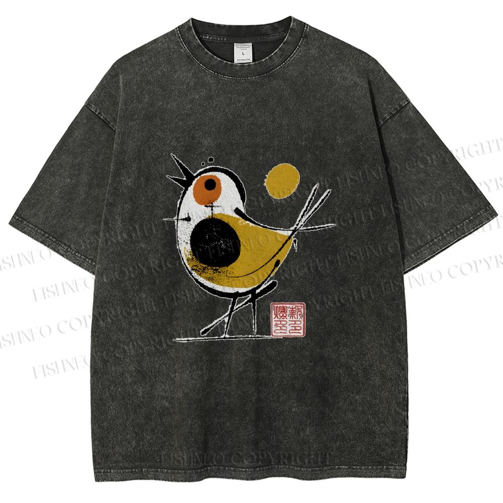 Unisex Abstract Bird Art  Printed Washed Tee