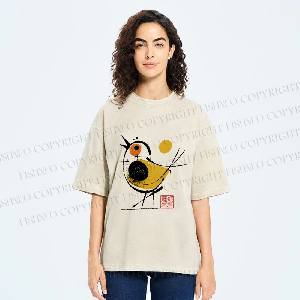 Unisex Abstract Bird Art  Printed Washed Tee