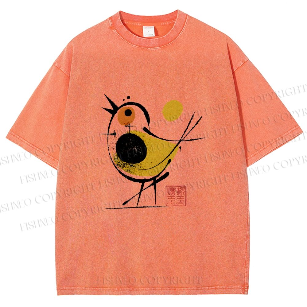 Unisex Abstract Bird Art  Printed Washed Tee
