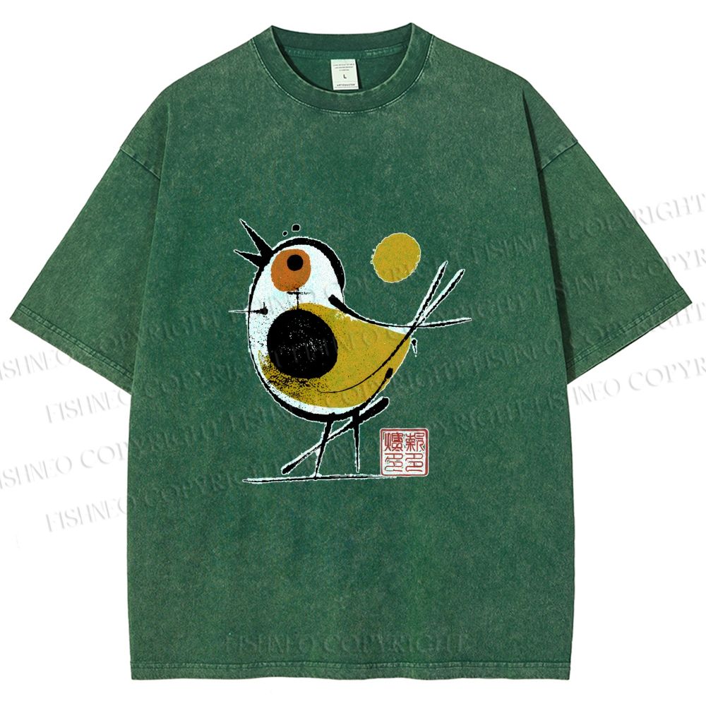 Unisex Abstract Bird Art  Printed Washed Tee