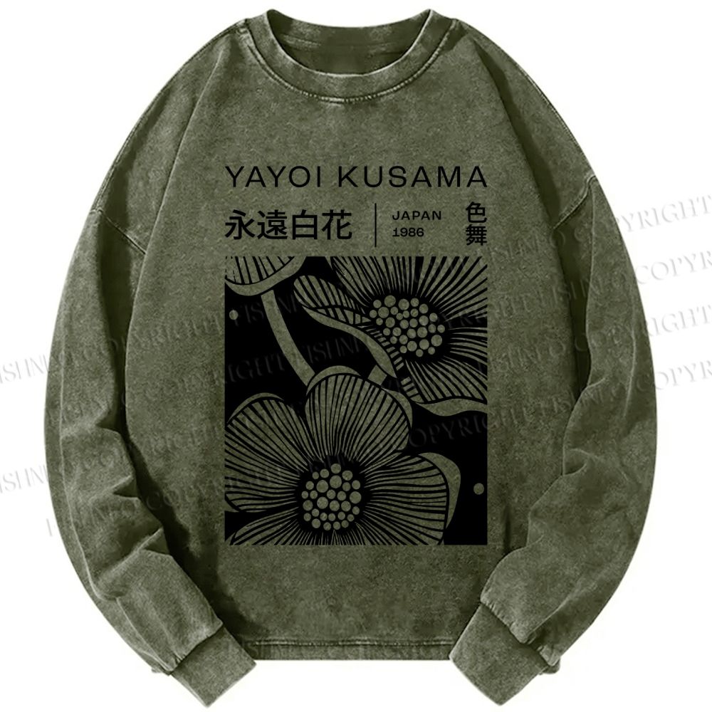 Unisex Casual Washed Yayoi Kusama Black Flower Printed Long Sleeve T-shirt