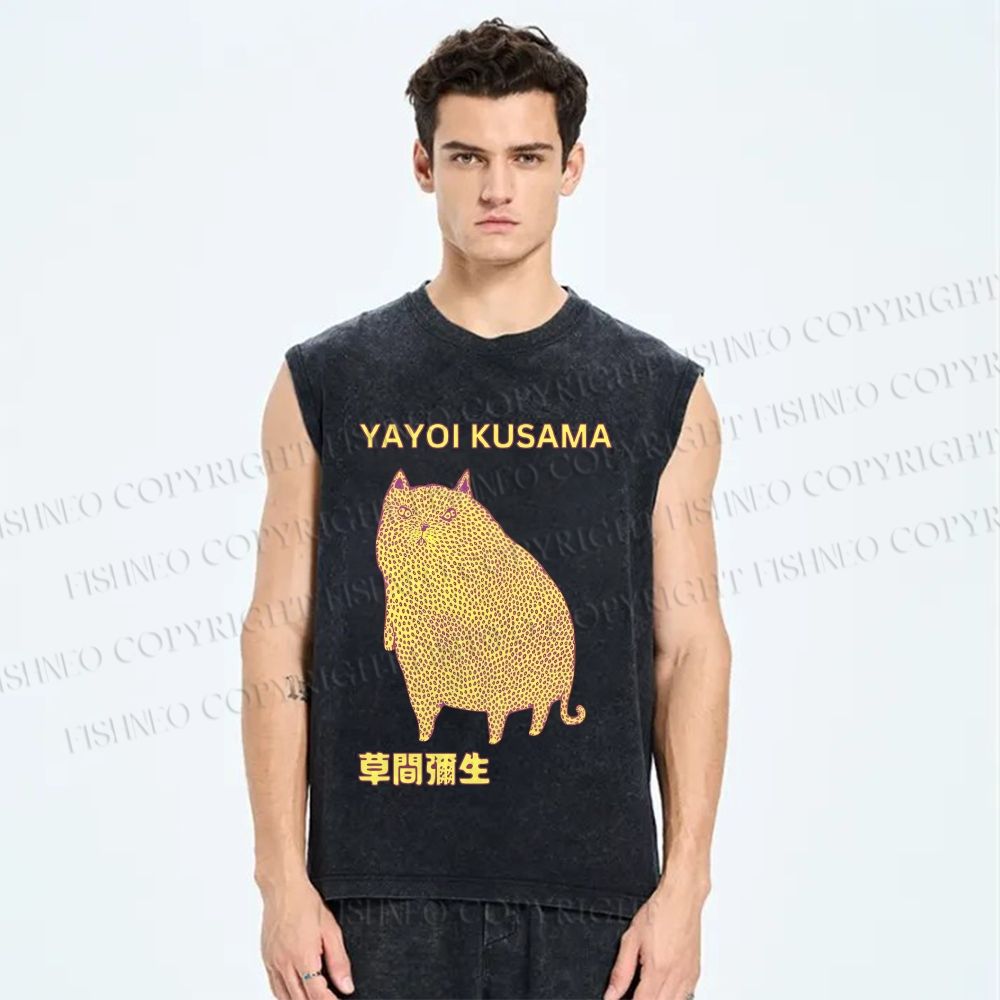Unisex Yayoi Kusama Big Cat Printed Washed Tank Top