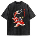 Unisex Cute Kimono Cat On Koi Fish Printed Washed Tee