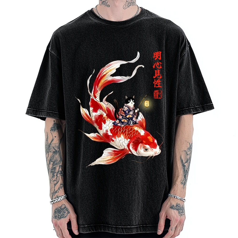 Unisex Cute Kimono Cat On Koi Fish Printed Washed Tee