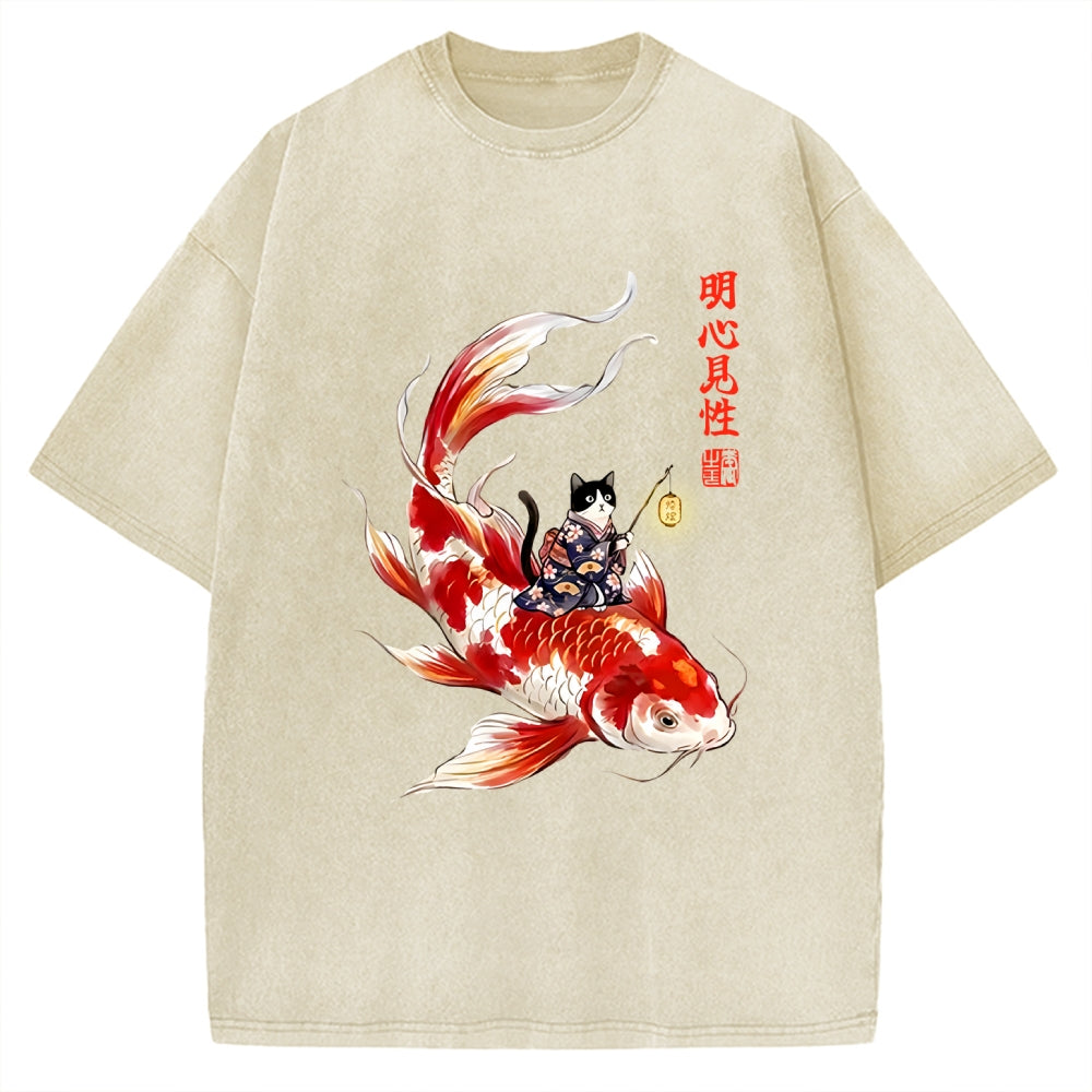 Unisex Cute Kimono Cat On Koi Fish Printed Washed Tee