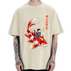 Unisex Cute Kimono Cat On Koi Fish Printed Washed Tee