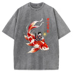 Unisex Cute Kimono Cat On Koi Fish Printed Washed Tee