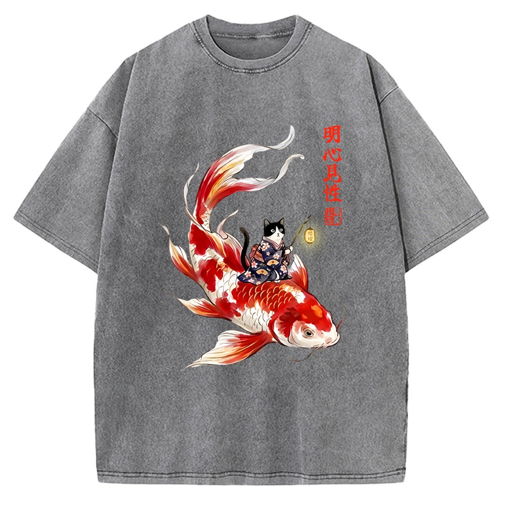 Unisex Cute Kimono Cat On Koi Fish Printed Washed Tee