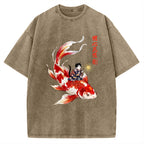 Unisex Cute Kimono Cat On Koi Fish Printed Washed Tee
