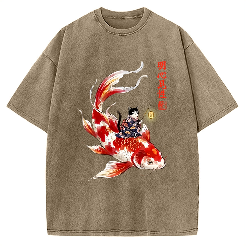 Unisex Cute Kimono Cat On Koi Fish Printed Washed Tee