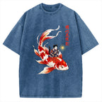 Unisex Cute Kimono Cat On Koi Fish Printed Washed Tee