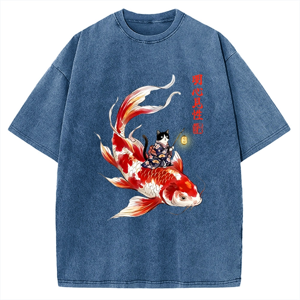 Unisex Cute Kimono Cat On Koi Fish Printed Washed Tee