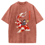 Unisex Cute Kimono Cat On Koi Fish Printed Washed Tee