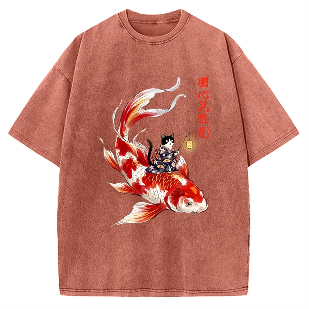 Unisex Cute Kimono Cat On Koi Fish Printed Washed Tee