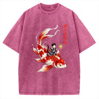 Unisex Cute Kimono Cat On Koi Fish Printed Washed Tee