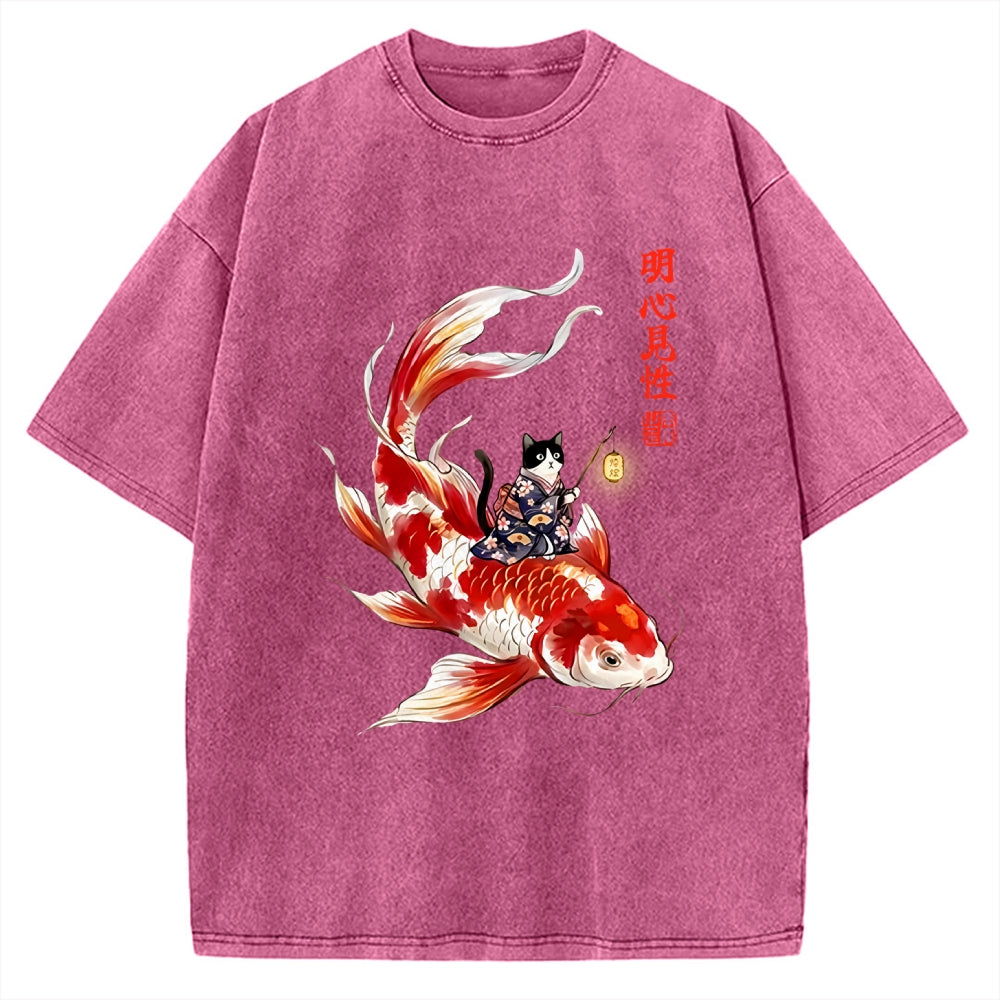 Unisex Cute Kimono Cat On Koi Fish Printed Washed Tee